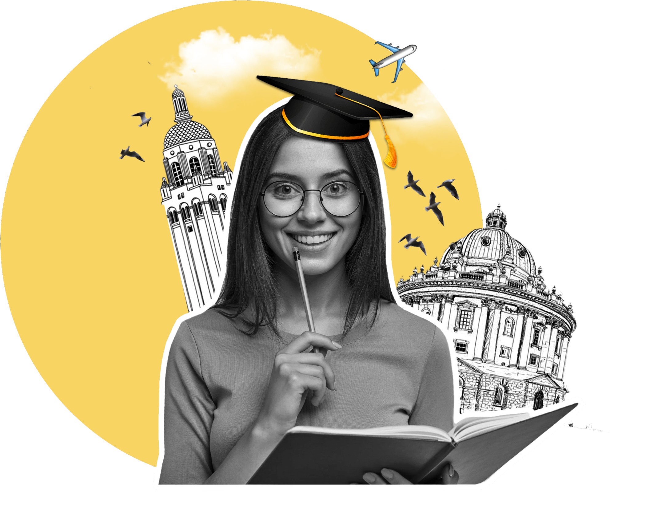 Student with graduation cap dreaming of universities abroad